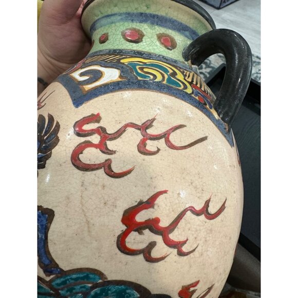 Vintage Hand-Painted Dragon & Phoenix Ceramic Vase two Handles Chinese Folk Art - Picture 5 of 6